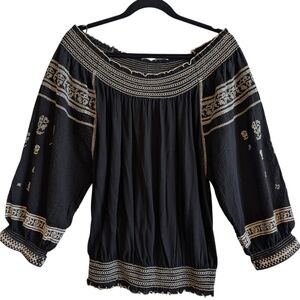 Free People Black Off Shoulder Boho Embroidered Blouse Top Size Medium